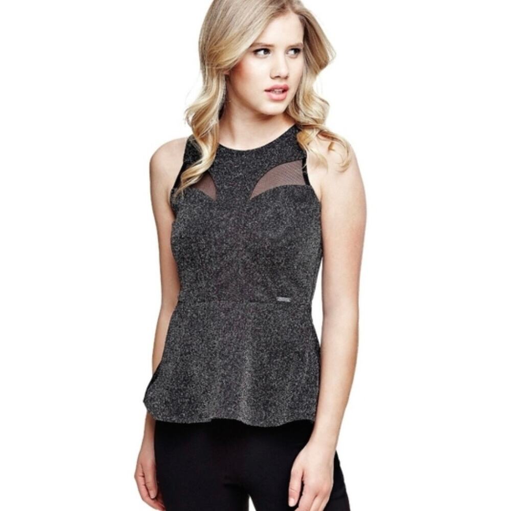 GUESS Size Small Black Sparkling Sleeveless Top Peplum Top Blouse New Years Eve
